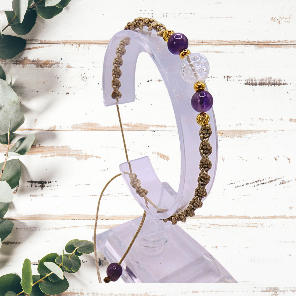 Bracelet artisanal - Cristal de roche & améthyste dark