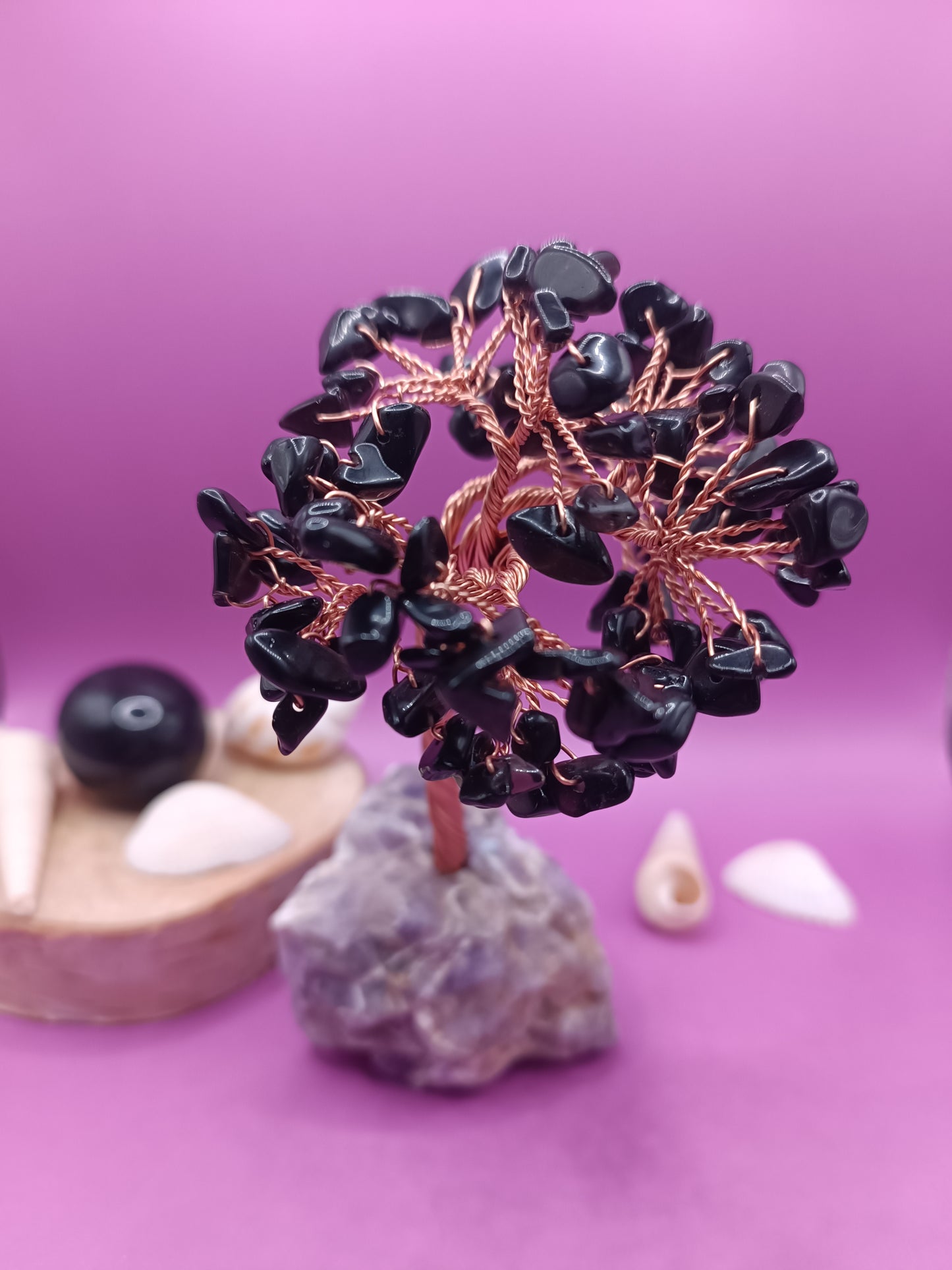 Arbre du bonheur - Obsidienne noire sur améthyste