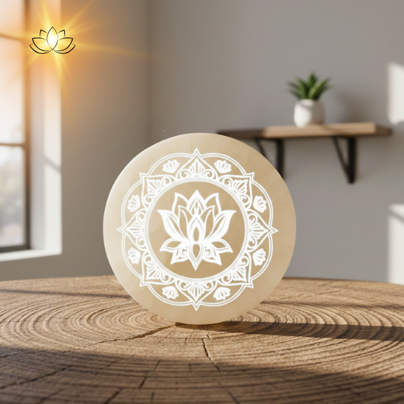 Plaque de sélénite - Fleur de lotus mandala