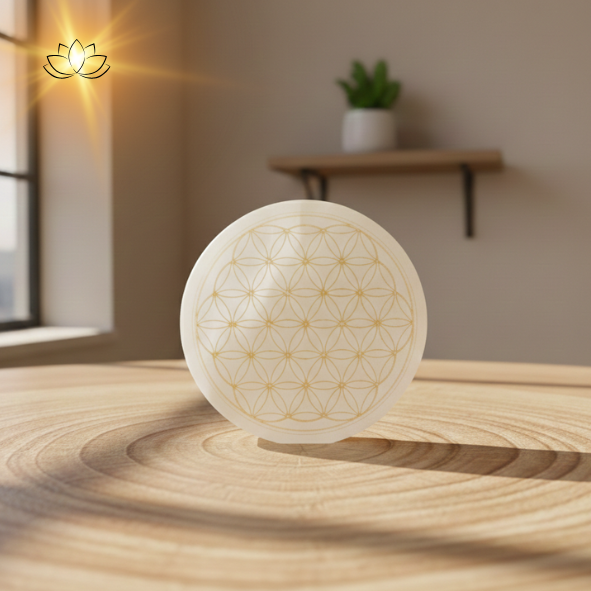 Plaque de sélénite - Fleur de vie dorée