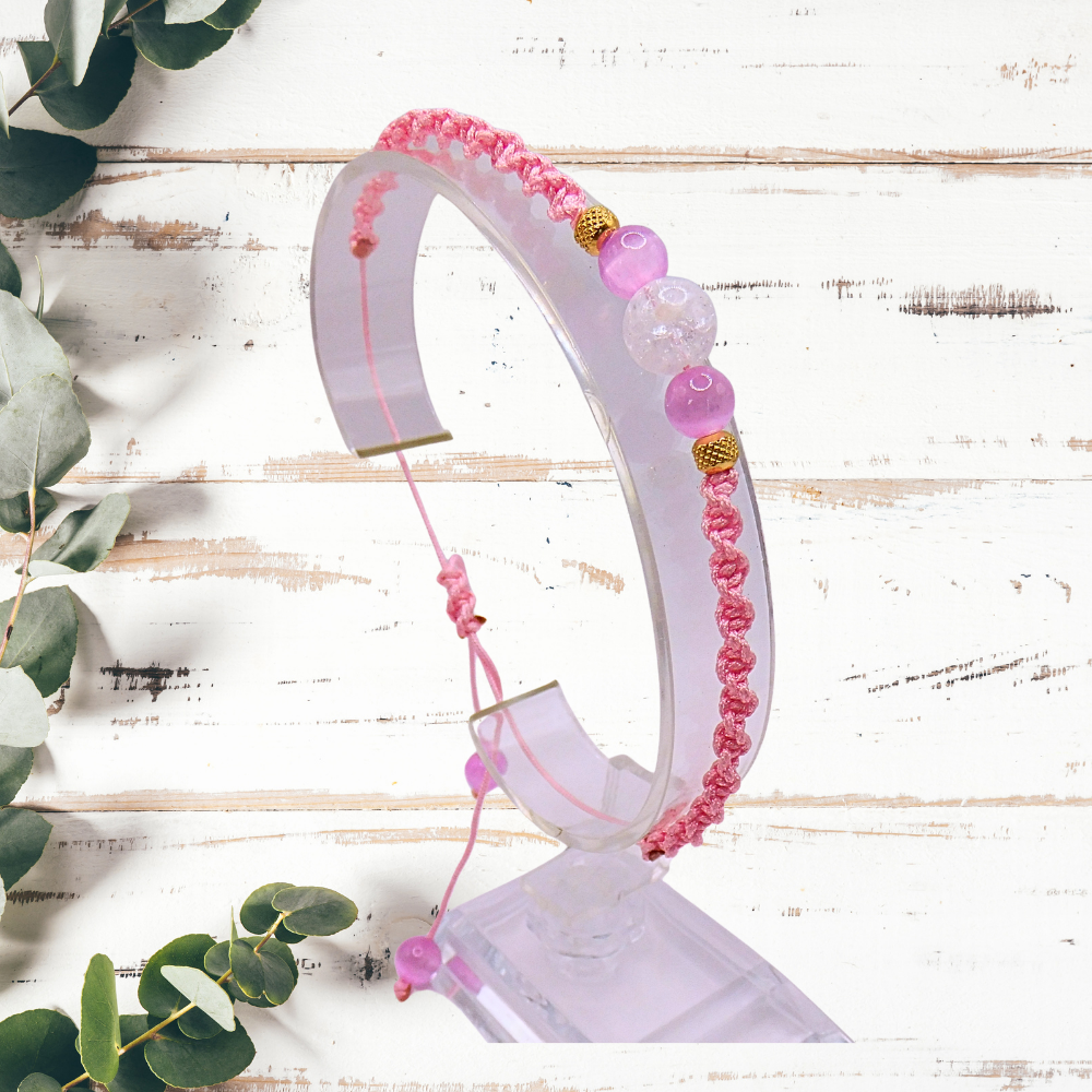 Bracelet artisanal - Cristal de roche & sélénite rose