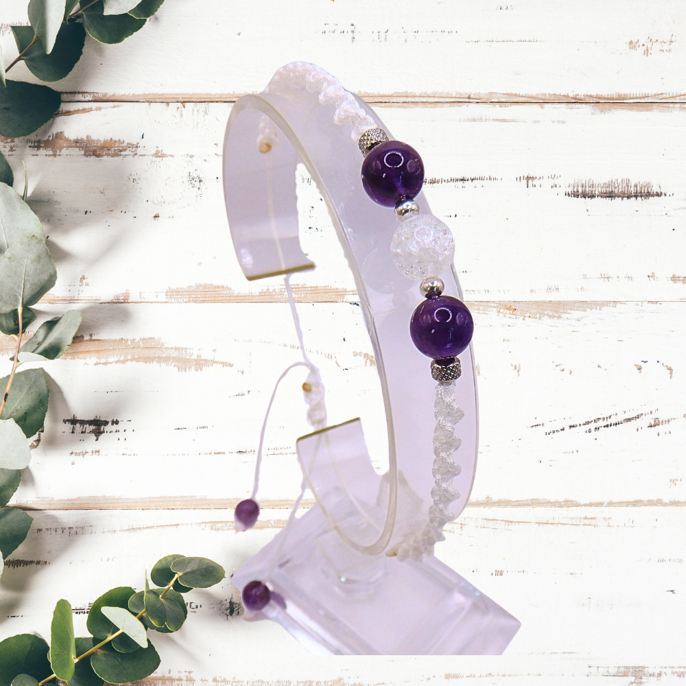 Bracelet artisanal - Cristal de roche & améthyste