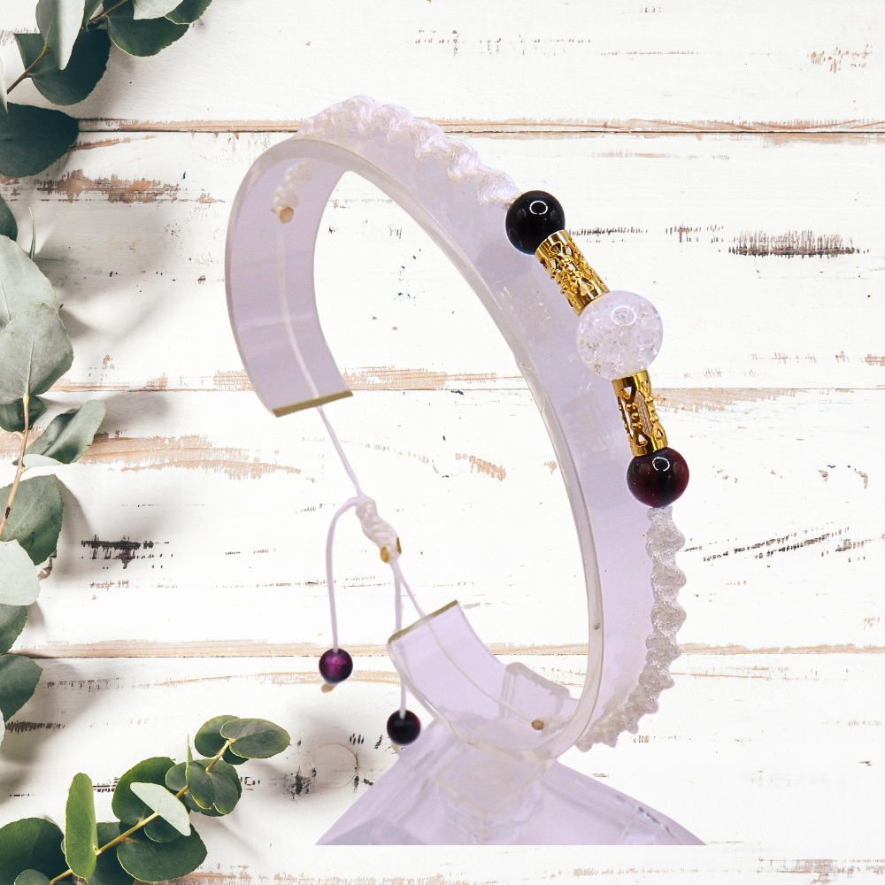 Bracelet artisanal - Cristal de roche & œil de tigre rose/bleu