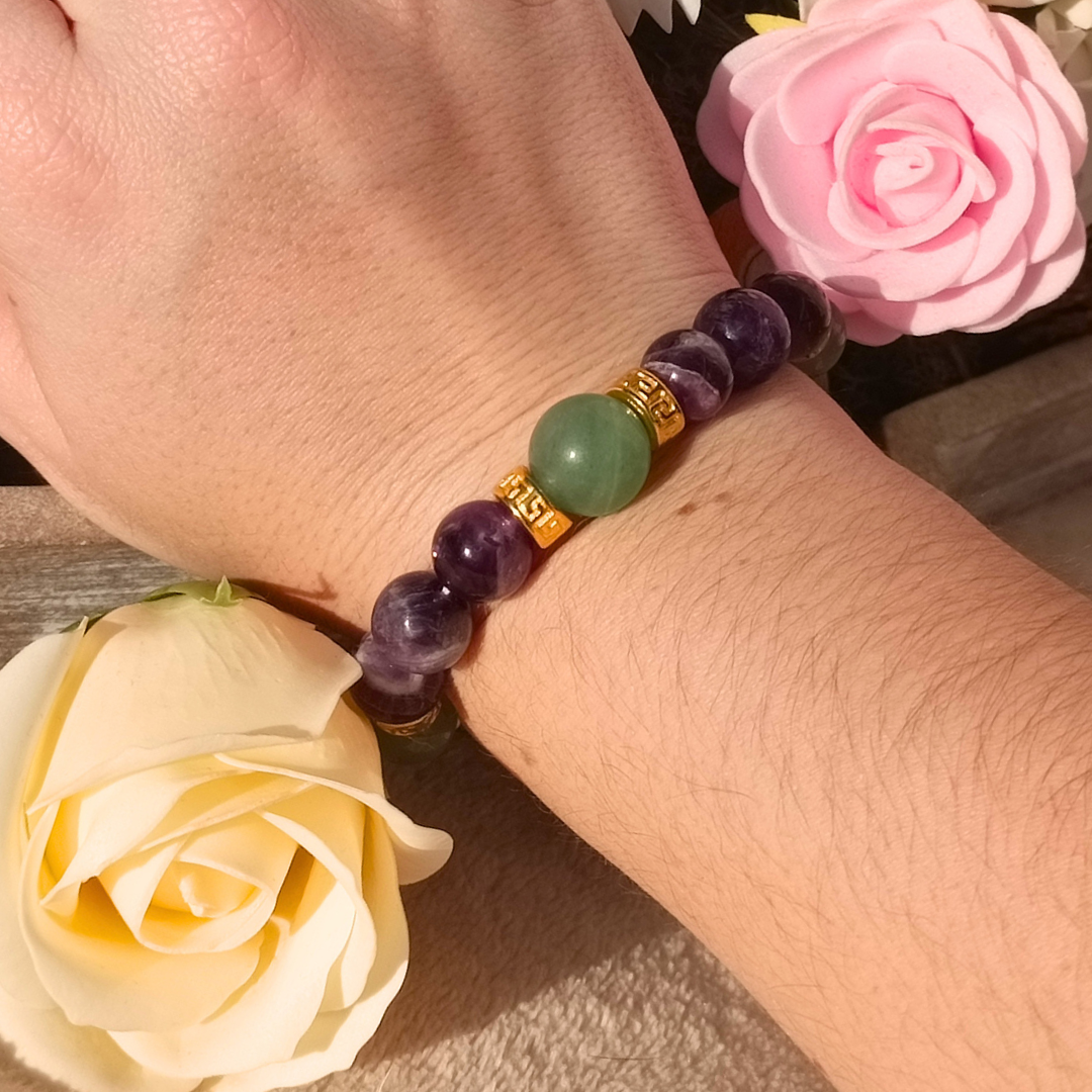 Bracelet artisanal - Améthyste chevron & Aventurine verte
