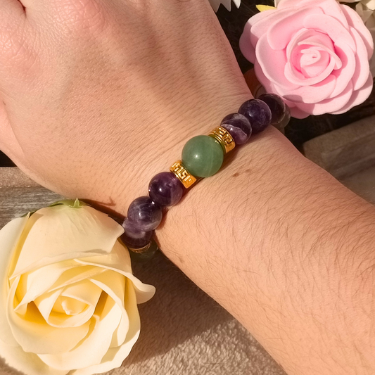 Bracelet artisanal - Améthyste chevron & Aventurine verte