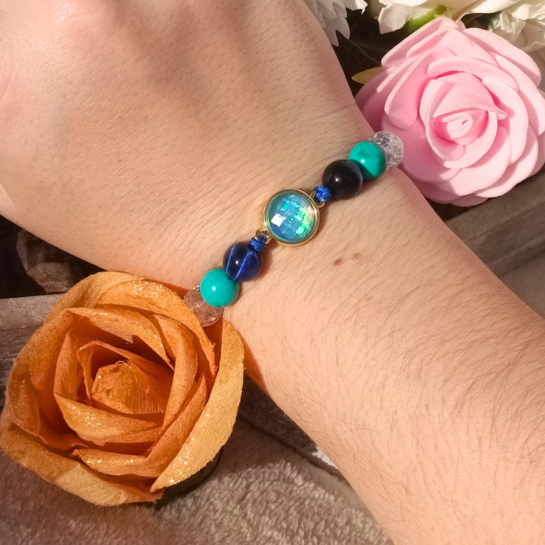 Bracelet artisanal - Opale, œil de tigre bleue & turquoise